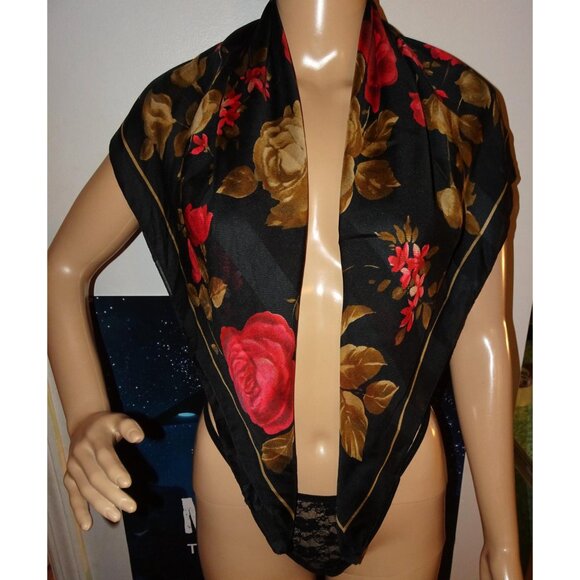 Vintage Kathie Lee Collection Extra Large Floral Scarf black roses head wrap bow - Picture 2 of 16